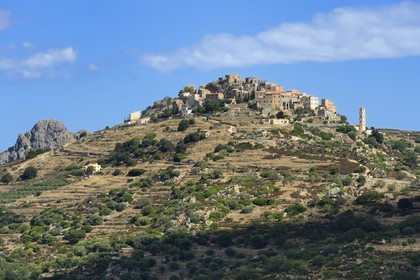 France, Haute Corse, Balagne, perched village of Sant'Antonino, labelled Les Plus Beaux Villages de France (The Most Beautiful Villages of France), general view of the village with the Anounciation church bell tower