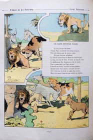 France, Aisne, Château-Thierry, Jean de La Fontaine Museum - city of Chateau-Thierry,  La Fontaine's Fables book illustrated by Benjamin Rabier, Edition Jules Tallandier, 1906, in-folio, the Lion grown old fable XIV of book III