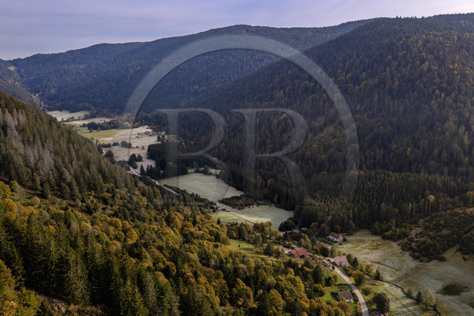 France, Vosges, Le Valtin, village in the upper valley of the Meurthe with the morning frost (aerial view)