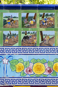 France, Alpes-Maritimes, Menton, Fontana Rosa Garden, Cervantes rotunda, ceramic tiles decorated benches depicting Don Quixote's adventures