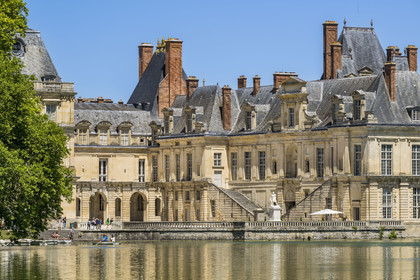France, Seine-et-Marne, Fontainebleau, castle of Fontainebleau listed as World Heritage by UNESCO, the Belle Cheminée wing and its monumental staircase overlooking the Cour de la Fontaine, the carp pond in the foreground