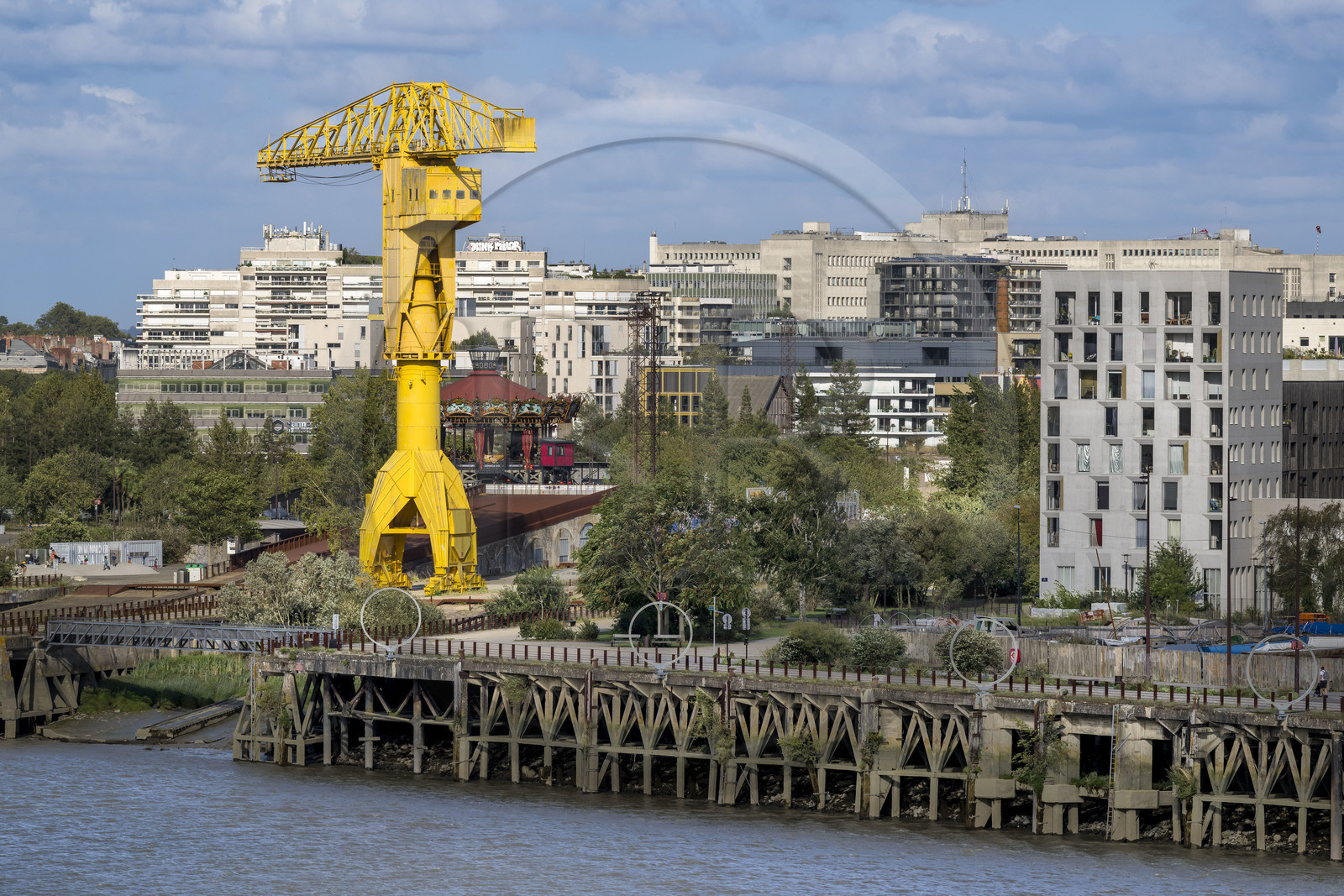 France, Loire Atlantique, Nantes, the Loire river, the yellow Titan crane on the Parc des chantiers from Ile de Nantes seen from the heights of Chantenay