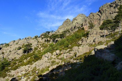 France, Corse du Sud, Alta Rocca, Aiguilles de Bavella (Bavella Needles), hikers on the alpine variante of the GR 20 (Grande Randonnée itinerary)