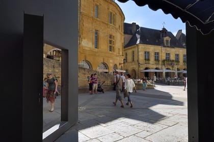 France, Dordogne, Perigord Noir, Dordogne valley, Sarlat la Caneda, place de la Liberté, doors of St. Mary's Church converted into a covered market and cultural center by the architect Jean Nouvel, architect Jean Nouvel, compulsory mention