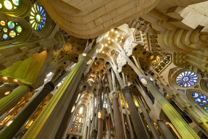 Espagne, Catalogne, Barcelone, quartier de l'Eixample, basilique de la Sagrada Familia de l'architecte du modernisme catalan Antoni Gaudi classée Patrimoine Mondial de l'UNESCO, le transept et l'intérieur de la facade de la Passion en arrière plan