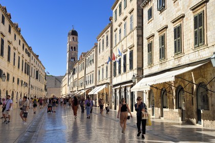 Croatia, Dalmatia, Dalmatian coast, Dubrovnik, Historic Centre listed as World Heritage by UNESCO, Placa (Stradum) pedestrian main street and the convent and the Franciscan church in the background