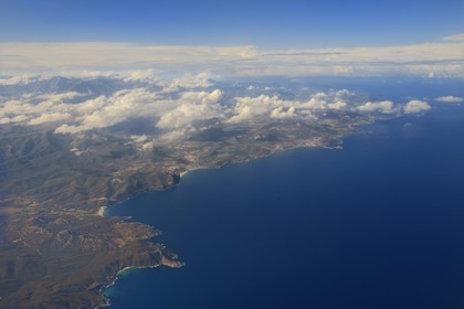 France, Haute Corse, the coast of Balagne from the Agriates desert and the Ostriconi beach to the L'Ile Rousse peninsula (aerial view)