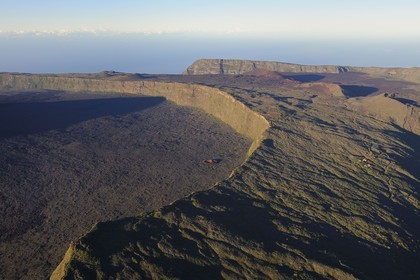France, Reunion island (French overseas department), Piton de la Fournaise, listed as World Heritage by UNESCO volcano, the Enclos and Formica Leo at the foot of the Pas de Bellecombe (aerial view)