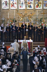 France, Finistere, Locronan, labelled Les plus Beaux Villages de France (The Most Beautiful Villages of France), procession of the small Troménie, arrival of the box reliquary containing the coasts relics of St. Ronan at the church