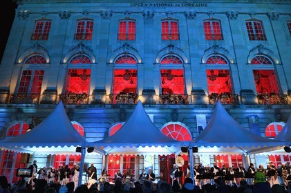 France, Meurthe-et-Moselle, Nancy, place Stanislas (former Place Royale) during the feast of Saint-Nicolas, listed as World Heritage by UNESCO, the Fanfare des Enfants du Boucher (Butcher's Children's Marching Band) plays from the Opera National de Lorraine