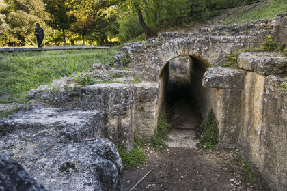 France, Gard, Uzès, remains of the aqueduct over 52 km long which brought water from the Fontaine d'Eure at the foot of Uzès to Nimes, regulation basin of the Roman aqueduct in the Eure valley