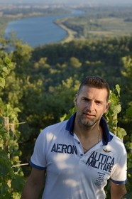 France, Loire, Parc Naturel Regional du Pilat (Natural Regional Park of Pilat), the domaine du Monteillet Stephane Montez, Stephane Montez in his vineyard overlooking the Rhone river