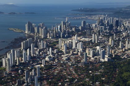 Panama, Panama City skyscrapers, the old town Casco Antiguo (Viejo) in the background (aerial view)