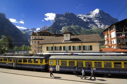 Switzerland, Canton of Bern, Bernese Oberland, Grindelwald, train railway station and Eiger Mount (3970 m) in the background, part of Jungfrau Aletsch Bietschhorn, UNESCO World Heritage Site