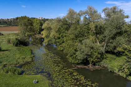 France, Yonne (89), Montréal (Bourgogne), les boucles de la rivière Serein au milieu des pré et la collégiale Notre-Dame en arrière plan (vue aérienne)