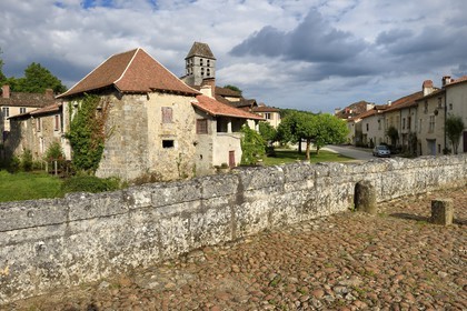 France, Dordogne, Périgord Vert, Saint Jean de Cole, labelled Les Plus Beaux Villages de France (The Most beautiful Villages of France), the medieval bridge of the 12th century and Saint Jean Baptiste Bell tower