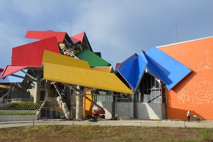Panama, Panama City, the Biodiversity Museum named Panama Bridge of Life by architect Frank Gehry, still under construction in 2014