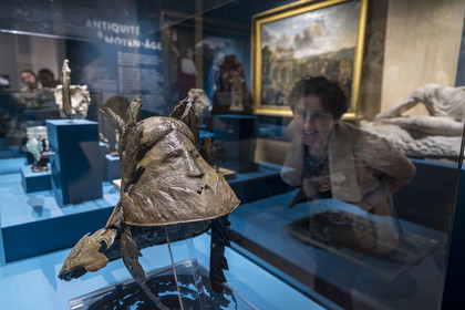 France, Saone et Loire, Autun, Rolin Museum, exhibition of masterpieces at the Natural History Museum during the works, Gallo-Roman helmet known as parade helmet (2nd - 3rd century) copper alloy initially gilded