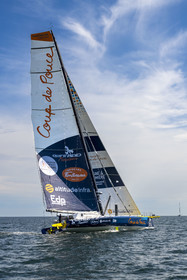 France, Vendee, Les Sables d'Olonne, skipper Manuel Cousin training on his 60-foot monohull sailboat IMOCA Coup de Pouce