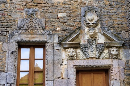 France, Cote d'Or, Chateauneuf en Auxois, labelled Les Plus Beaux Villages de France (The Most Beautiful Villages of France), house merchants carved lintels