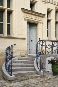 France, Aisne, Château-Thierry, Jean de La Fontaine Museum - city of Chateau-Thierry in the birthplace of the poet and writer, the steps on the courtyard side