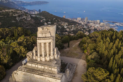 France, Alpes-Maritimes, La Turbie, Trophée d'Auguste or Trophée des Alpes, Roman monument built in the year 6 BC., the Principality of Monaco in the background (aerial view)