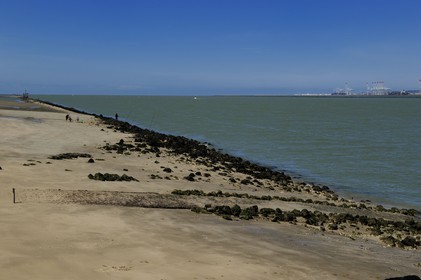 France, Calvados (14), pecheurs sur la plage de l'embouchure de la Seine et le port du Havre sur la Rive Droite
