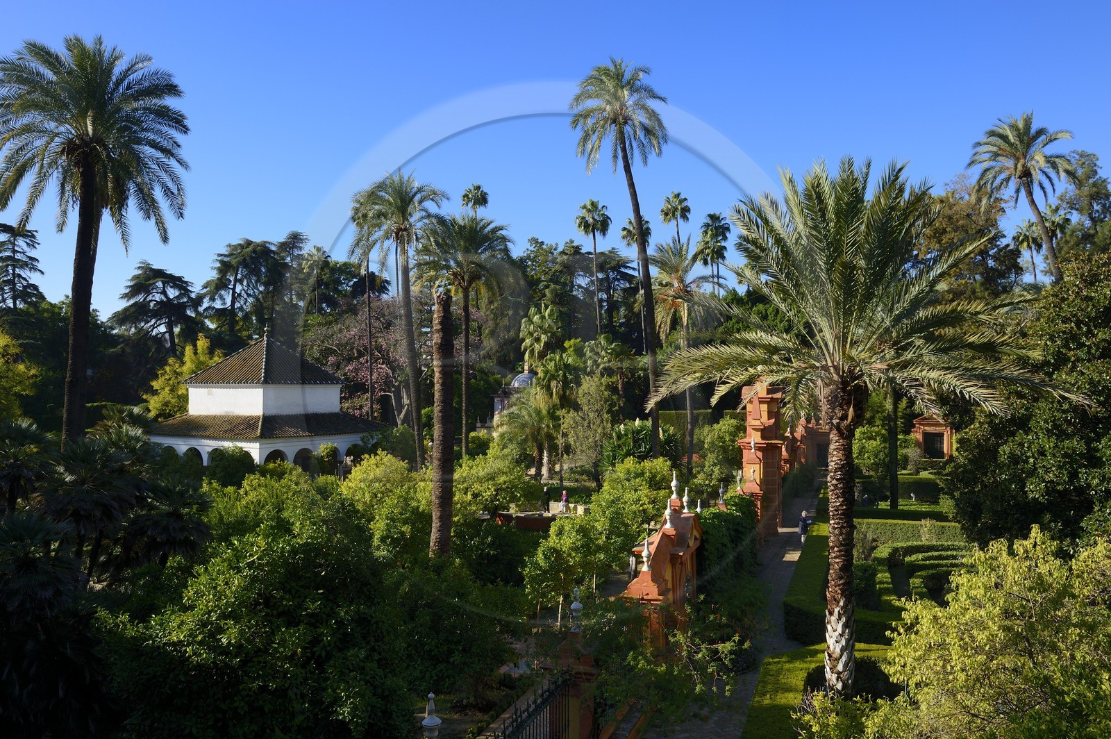 Espagne, Andalousie, Séville, Alcazar de Séville (Reales Alcazares de Sevilla), classé Patrimoine Mondial de l'UNESCO, les jardins et le pavillon de Carlos V Espagne, Andalousie, Séville, Alcazar de Séville (Reales Alcazares de Sevilla), classé Patrimoine Mondial de l'UNESCO, les jardins et le pavillon de Carlos V