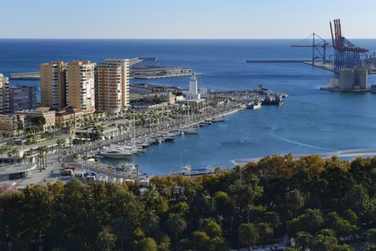 Espagne, Andalousie, Malaga, les grues du port et le phare