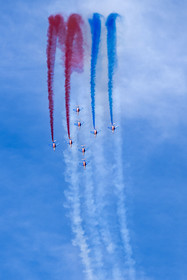 France, Bouches du Rhone, Salon de Provence, air base 701, base of the Patrouille de France (PAF for Patrouille acrobatique de France) of the French Air and Space Force, Alphajet aircraft aerial demonstrations at the Echange des Gardes Ceremony