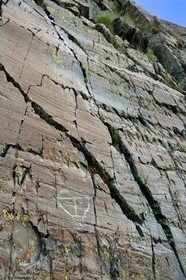 France, Alpes-Maritimes, parc national du Mercantour (Mercantour National Park), the Vallee des Merveilles (Valley of Wonders) scattered with thousands of rupestral engravings of the Bronze Age, hornlike anthropomorphized figure engraved on the so called rock of the Christ