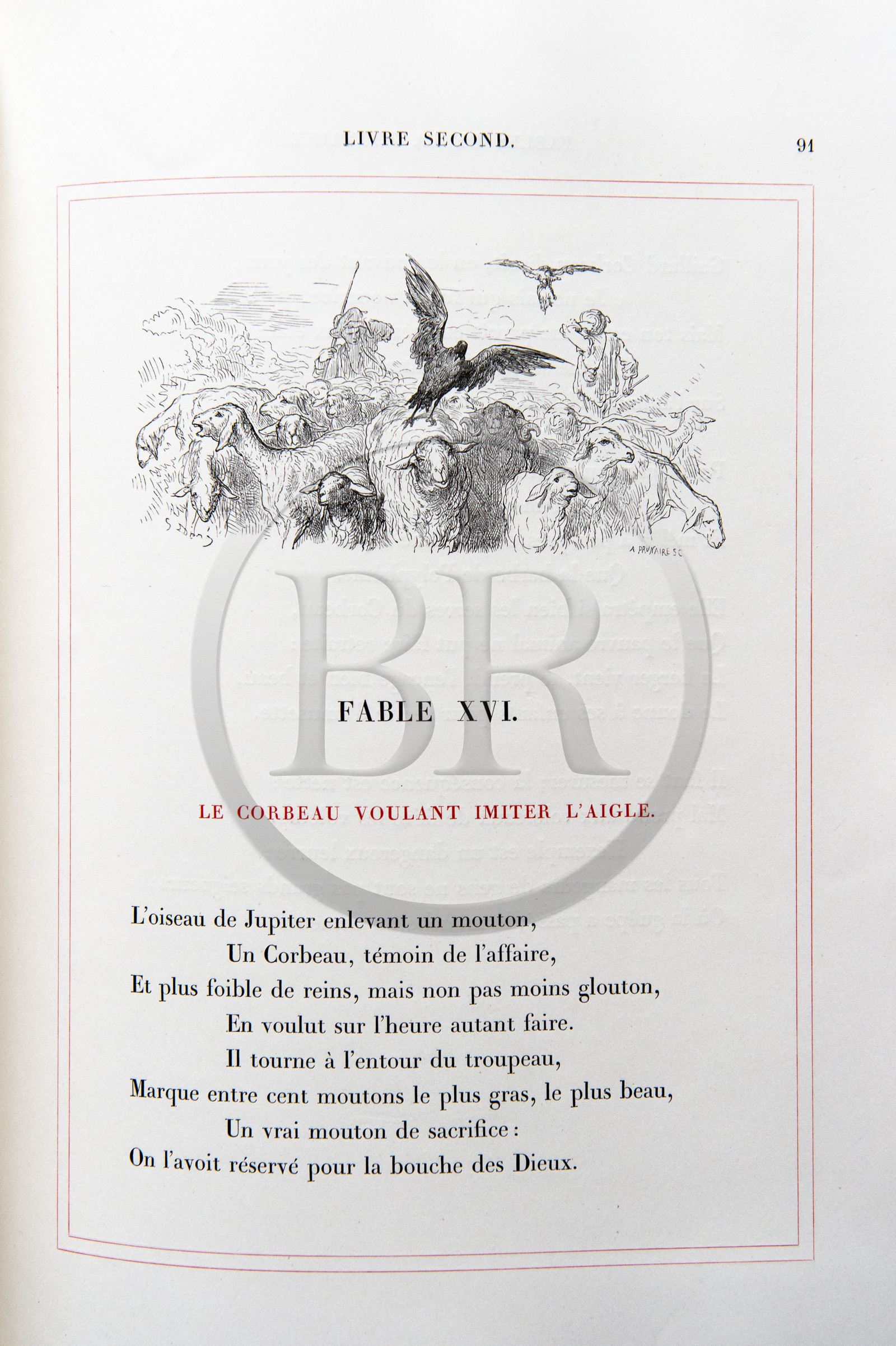 France, Aisne (02), Château-Thierry, Musée Jean de La Fontaine - Ville de Chateau-Thierry, livre des Fables de La Fontaine, L. Hachette et Cie, édition illustrée (1867) par le dessinateur et graveur Gustave Doré, Le Corbeau voulant imiter l'aigle fable XVI du livre II France, Aisne (02), Château-Thierry, Musée Jean de La Fontaine - Ville de Chateau-Thierry, livre des Fables de La Fontaine, L. Hachette et Cie, édition illustrée (1867) par le dessinateur et graveur Gustave Doré, Le Corbeau voulant imiter l'aigle fable XVI du livre II