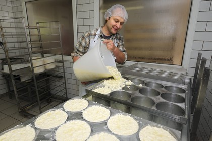 France, Haut-Rhin (68), la route des Crêtes, ferme auberge marcaire du Grand Hêtre, Jean-Mathieu Spenlé prépare le fromage munster