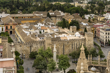 Spain, Andalusia, Seville, plaza del Triunfo, the Alcazar of Seville (Reales Alcazares de Sevilla), listed as World Heritage by UNESCO, surrounded by its walls
