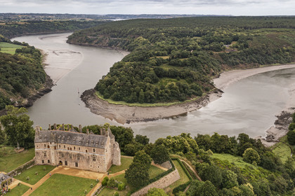 France, Cotes d'Armor, Ploezal, castle of La Roche-Jagu on the banks of the Trieux river (aerial view)