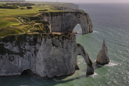 France, Seine Maritime, Pays de Caux, Cote d'Albatre, Etretat, Aval Cliffs, the Aiguille Creuse and golf course (aerial view)