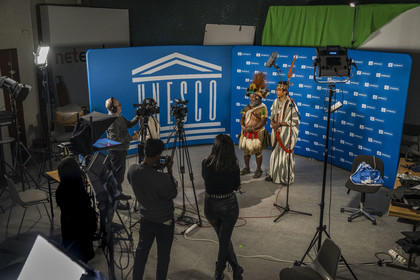 France, Paris, UNESCO Headquarters, interview of Papuan Chief Mundiya Kepanga and Amazonian leader of the Ashaninka people in Brazil  Benki Piyako