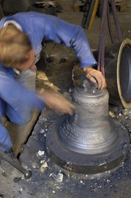 France, Manche, Villedieu les Poeles, bell foundry Cornille Havard, removal of a bell from the mould