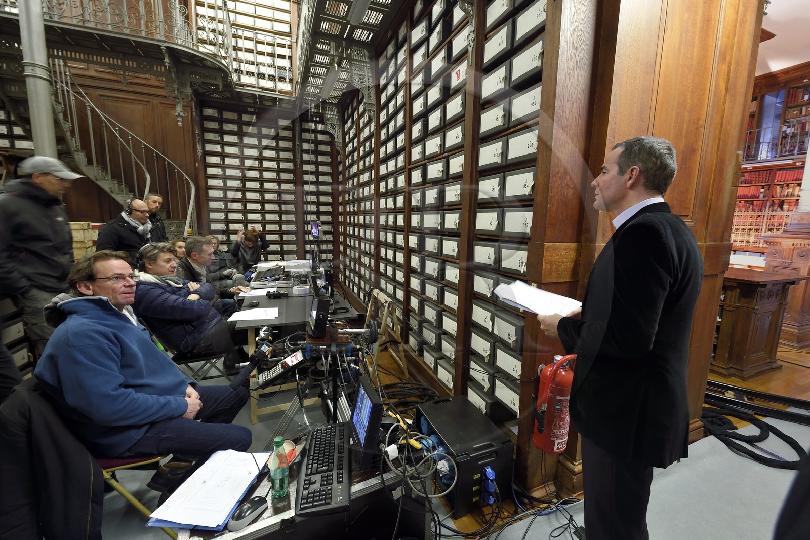 France, Paris (75), les Archives Nationales, Grands dépots, tournage de l'émission de television L'ombre d'un doute présentée par l'animateur et journaliste Franck Ferrand