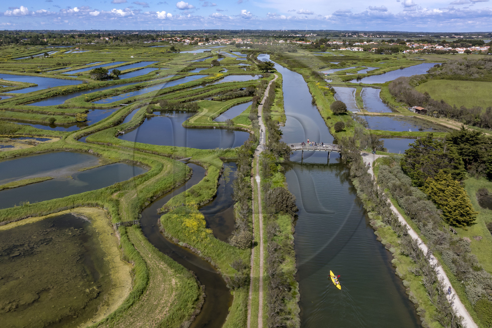 France, Vendée (85), Les-Sables-d'Olonne, marais de l'Auzance, kayaks sur le canal de la Bauduère (vue aérienne)