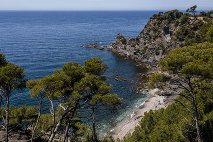 France, Var, Six Fours les Plages, hike in the Cap Sicie massif, Mont Salva beach towards Le Brusc (aerial view)