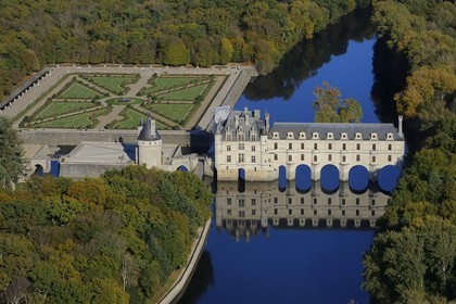 France, Indre et Loire, the Renaissance style Chateau de Chenonceau and its formal garden on Cher river banks (aerial view)