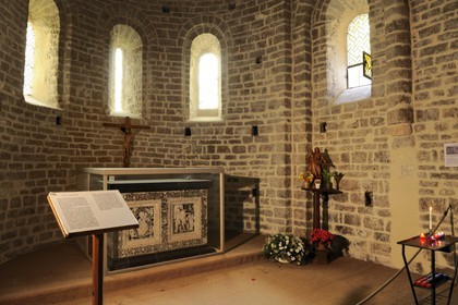 France, Herault, Medieval town of Saint-Guilhem-le-Desert, a stop on el Camino de Santiago, pilgrimage route to Compostela, labelled Les Plus Beaux Villages de France (The Most Beautiful Villages of France), abbey of Gellone from the 11th century listed as World Heritage by UNESCO, the altar of Guilhem (XIIth) is a unique liturgical furniture made of black & white marble and inlaid with colored glass