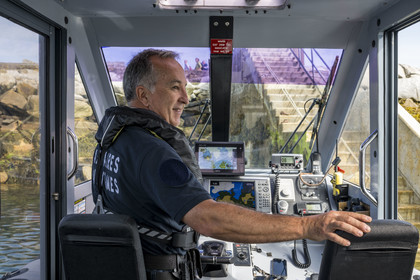 France, Finistère, Iroise Sea, Molene Island, Fréderic Le Meil patrols aboard the Brest maritime affairs fast boat