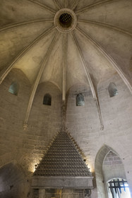 France, Gard, Aigues Mortes, the Tower of Constance, the guard room with its fireplace and its access protected by a portcullis on the ground floor