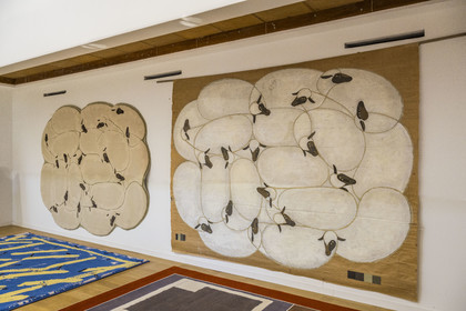 France, Herault, Lodève, Manufacture de la Savonnerie (Savonnerie manufactory) unique annex of the National Carpet Factory of the Savonnerie des Gobelins in Paris, Velvet carpet designed by François-Xavier Lalanne, Les Moutons (1986) collections of the Mobilier National and artist's cardboard