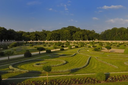 France, Indre et Loire, french formal garden also called jardin à la française from the Chateau de Chenonceau of Renaissance style built between 1513 and 1522