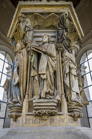 France, Cote d'Or, Dijon, area listed as World Heritage by UNESCO, Chartreuse de Champmol, the Well of Moses from 1395-1405, a masterpiece by the Flemish sculptor Claus Sluter, remains of a Calvary in the center of the large cloister, statue of King David on the left, the prophets Jeremiah in the center and Zechariah on the right