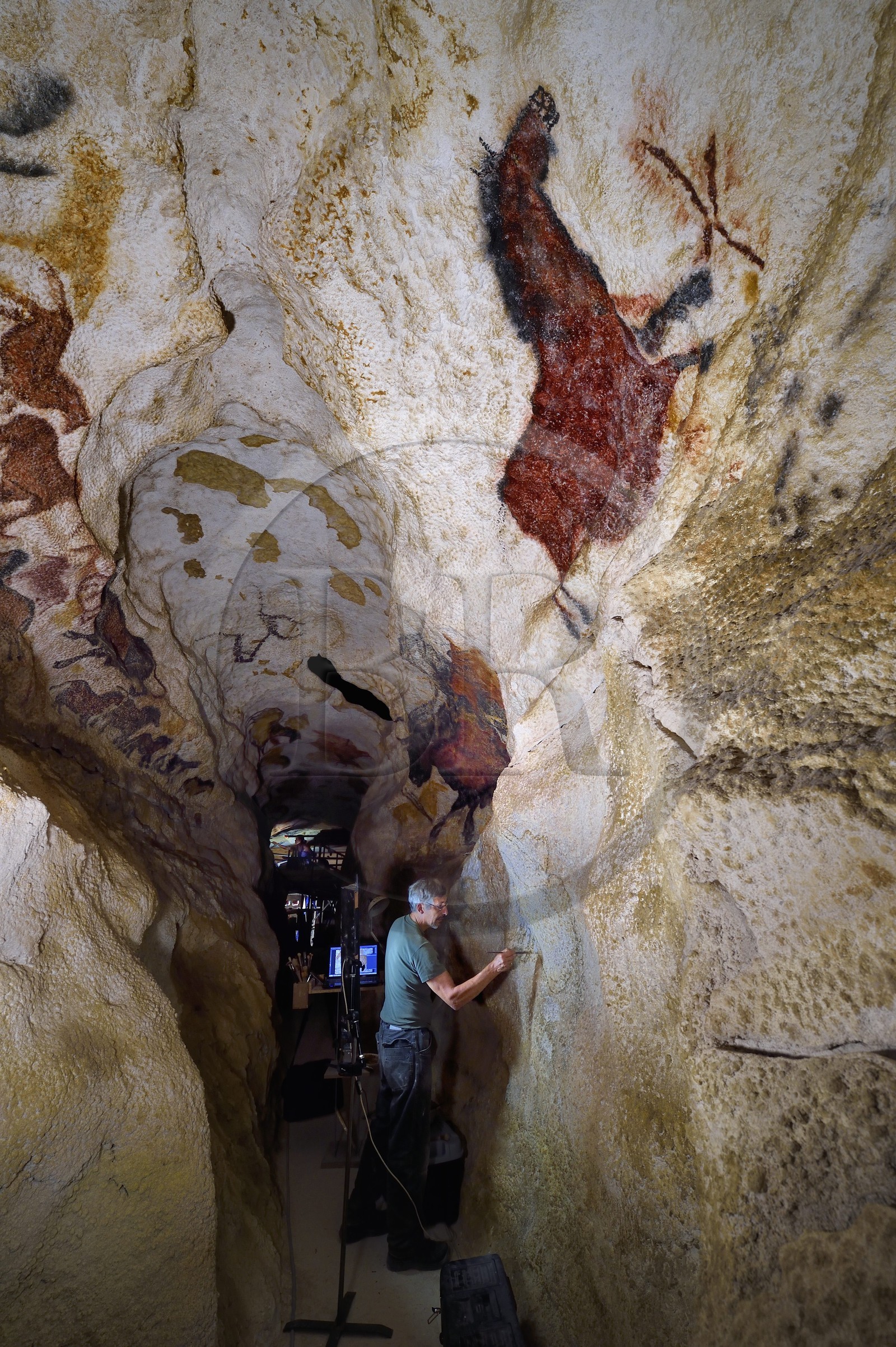 France, Dordogne, Montignac, Montignac-Lascaux Parietal Art international Centre (Lascaux 4) building site, the axial diverticulum of the reconstituted cave by the Atelier des Fac-Similés du Périgord (Perigord's Facsimile Workshop AFSP), finishing of the lower part murals by the painter Gilles Lafleur