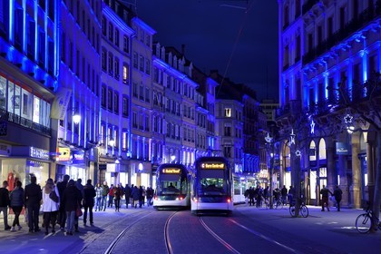 France, Bas Rhin, Strasbourg, christmas lighting, tramway in rue de la Mesange